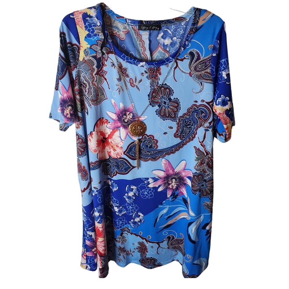 Tiffany & Grey 1X Blue Floral Shift Dress with Necklace